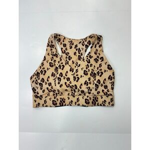 Fabletics Leopard Print Racerback Sports Bra V-Neck Cutout Back Tan Brown L
